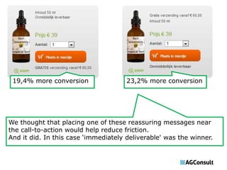 19,4% more conversion 23,2% more conversion 
We thought that placing one of these reassuring messages near 
the call-to-action would help reduce friction. 
And it did. In this case ‘immediately deliverable' was the winner. 
 