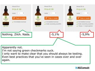 Nothing. Zilch. Nada. -5,1% -5,9% 
Apparently not. 
I'm not saying green checkmarks suck. 
I only want to make clear that you should always be testing. 
Even best practices that you've seen in cases over and over 
again. 
 