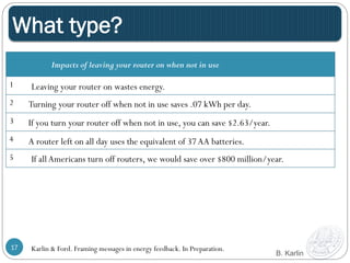What type? 
B. Karlin 
Impacts of leaving your router on when not in use 
1 
2 
3 
4 
5 
Leaving your router on wastes energy. 
Turning your router off when not in use saves .07 kWh per day. 
If you turn your router off when not in use, you can save $2.63/year. 
A router left on all day uses the equivalent of 37 AA batteries. 
If all Americans turn off routers, we would save over $800 million/year. 
Karlin & Ford. Framing messages in energy 17 feedback. In Preparation. 
 