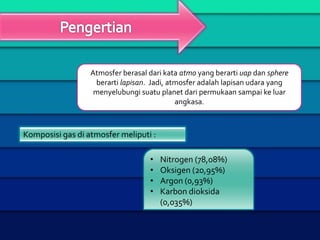 Atmosfer berasal dari kata atmo yang berarti uap dan sphere
berarti lapisan. Jadi, atmosfer adalah lapisan udara yang
menyelubungi suatu planet dari permukaan sampai ke luar
angkasa.
Komposisi gas di atmosfer meliputi :
• Nitrogen (78,08%)
• Oksigen (20,95%)
• Argon (0,93%)
• Karbon dioksida
(0,035%)
 