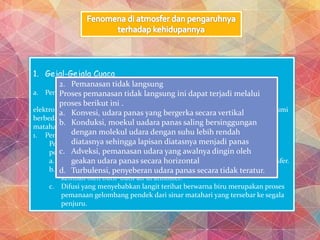 1. Gejal-Gejala Cuaca
a. Penyinaran matahari
Matahari memancarkan sinarnya dalam bentuk gelombang
elektromagnetik. Intensitas cahaya yang diterima setiap wilayah dipermukaan bumi
berbeda sehingga menyebabkan perbedaan cuaca dan iklim. Lama penyinaran
matahari berpengaruh pada jumlah energi radiasi matahari.
1. Pemanasan langsung
Pemanasan atmosfer oleh matahari secara langsung tidak menyebabkan
pergergakan atmosfer dan dapat terjadi melalui tiga proses sebaga berikut.
a. Absorbsi, penyerapan unsur-unsur raiasi matahari oleh zat-zat di atmosfer.
b. Refleksi, pemanasan atmosfer oleh sinar matahari tetapi dipantulkan
kembali oleh butir-butir air di atmosfer.
c. Difusi yang menyebabkan langit terihat berwarna biru merupakan proses
pemanaan gelombang pendek dari sinar matahari yang tersebar ke segala
penjuru.
2. Pemanasan tidak langsung
Proses pemanasan tidak langsung ini dapat terjadi melalui
proses berikut ini .
a. Konvesi, udara panas yang bergerka secara vertikal
b. Konduksi, moekul uadara panas saling bersinggungan
dengan molekul udara dengan suhu lebih rendah
diatasnya sehingga lapisan diatasnya menjadi panas
c. Adveksi, pemanasan udara yang awalnya dingin oleh
geakan udara panas secara horizontal
d. Turbulensi, penyeberan udara panas secara tidak teratur.
 
