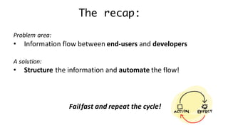 The recap:
Problem	area:
• Information	flow	between	end-users and	developers
A	solution:
• Structure the	information	and	automate the	flow!
Failfast and repeat the cycle!
 