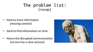 The problem list:
(recap)
• Hard	to	trace	information	
(missing	context)
• Hard	to	find	information	on	time
• Hence	the	disrupted	communication	
(no	one	has	a	clear	picture)
 