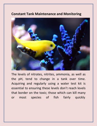 Constant Tank Maintenance and Monitoring
The levels of nitrates, nitrites, ammonia, as well as
the pH, tend to change in a tank over time.
Acquiring and regularly using a water test kit is
essential to ensuring these levels don’t reach levels
that border on the toxic; those which can kill many
or most species of fish fairly quickly.
 