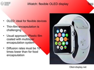 iWatch: flexible OLED display 
Oled-display.net 
• OLED: ideal for flexible devices 
• Thin-film encapsulation is 
challenging 
• Usual approach: Plastic film 
coated with multilayer 
encapsulation system 
• Diffusion rates must be 106 
times lower than for food 
encapsulation 
 