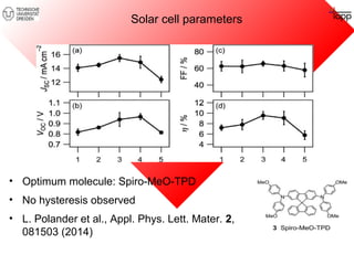 Solar cell parameters 
• Optimum molecule: Spiro-MeO-TPD 
• No hysteresis observed 
• L. Polander et al., Appl. Phys. Lett. Mater. 2, 
081503 (2014) 
 