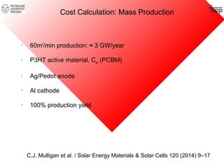 Cost Calculation: Mass Production 
• 60m2/min production: ≈ 3 GW/year 
• P3HT active material, C60 (PCBM) 
• Ag/Pedot anode 
• Al cathode 
• 100% production yield 
C.J. Mulligan et al. / Solar Energy Materials & Solar Cells 120 (2014) 9–17 
 