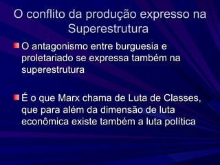 O conflito da produção expresso na Superestrutura  O antagonismo entre burguesia e proletariado se expressa também na superestrutura É o que Marx chama de Luta de Classes, que para além da dimensão de luta econômica existe também a luta política 