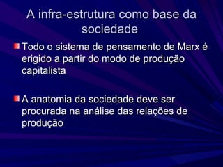 A infra-estrutura como base da sociedade  Todo o sistema de pensamento de Marx é erigido a partir do modo de produção capitalista A anatomia da sociedade deve ser procurada na análise das relações de produção 