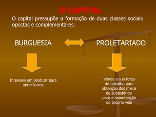 O CAPITAL
 O capital pressupõe a formação de duas classes sociais
 opostas e complementares:


  BURGUESIA                         PROLETARIADO




Interesse em produzir para                Vende a sua força
        obter lucros                       de trabalho para
                                         obtenção dos meios
                                            de subsistência
                                         para a manutenção
                                            da própria vida
 