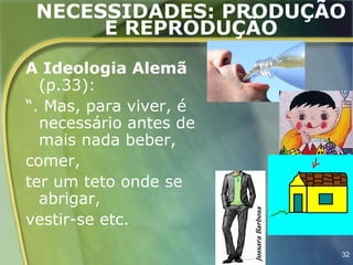 NECESSIDADES: PRODUÇÃO
      E REPRODUÇÃO
A Ideologia Alemã
  (p.33):
“. Mas, para viver, é
  necessário antes de
  mais nada beber,
comer,
ter um teto onde se
  abrigar,
vestir-se etc.

                        32
 