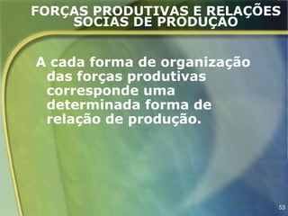 FORÇAS PRODUTIVAS E RELAÇÕES
    SOCIAS DE PRODUÇÃO


A cada forma de organização
 das forças produtivas
 corresponde uma
 determinada forma de
 relação de produção.




                              53
 