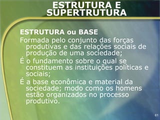 ESTRUTURA E
        SUPERTRUTURA

ESTRUTURA ou BASE
Formada pelo conjunto das forças
  produtivas e das relações sociais de
  produção de uma sociedade;
É o fundamento sobre o qual se
  constituem as instituições políticas e
  sociais;
É a base econômica e material da
  sociedade; modo como os homens
  estão organizados no processo
  produtivo.
                                           61
 