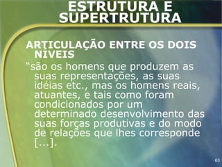 ESTRUTURA E
      SUPERTRUTURA
ARTICULAÇÃO ENTRE OS DOIS
  NÍVEIS
“são os homens que produzem as
  suas representações, as suas
  idéias etc., mas os homens reais,
  atuantes, e tais como foram
  condicionados por um
  determinado desenvolvimento das
  suas forças produtivas e do modo
  de relações que lhes corresponde
  [...].
                                      63
 