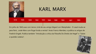 1818 1835 1838 1842 1843 1844
Em julho de 1843,case com Jenne ,irmã de seu amigo Edgard von Wastphalen . O casal muda-se
para Paris , onde Marx com Ruge funda a revista’’ Anais Franco Alemães, e publica os artigos de
Fredrich Engels .Publica também ‘’Introdução a crítica da Filosofia Do Direito de Hegel’’ e ‘’Sobre
a questão Judaica’’.
KARL MARX
1848 1864 1867 1883
 