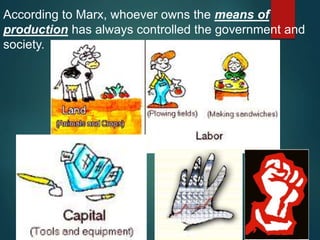 According to Marx, whoever owns the means of
production has always controlled the government and
society.
 