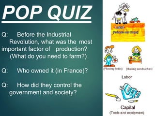 POP QUIZ
Q: Before the Industrial
Revolution, what was the most
important factor of production?
(What do you need to farm?)
Q: Who owned it (in France)?
Q: How did they control the
government and society?
 