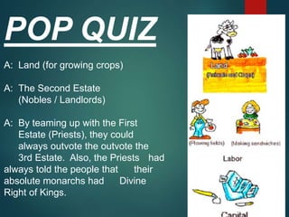 POP QUIZ
A: Land (for growing crops)
A: The Second Estate
(Nobles / Landlords)
A: By teaming up with the First
Estate (Priests), they could
always outvote the outvote the
3rd Estate. Also, the Priests had
always told the people that their
absolute monarchs had Divine
Right of Kings.
 