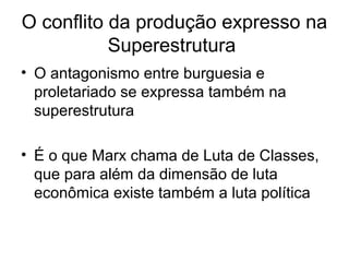 O conflito da produção expresso na
Superestrutura
• O antagonismo entre burguesia e
proletariado se expressa também na
superestrutura
• É o que Marx chama de Luta de Classes,
que para além da dimensão de luta
econômica existe também a luta política
 