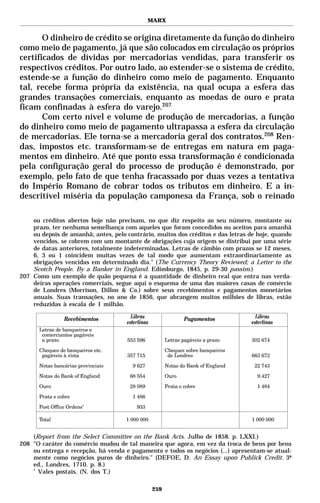 MARX


       O dinheiro de crédito se origina diretamente da função do dinheiro
como meio de pagamento, já que são colocados em circulação os próprios
certificados de dívidas por mercadorias vendidas, para transferir os
respectivos créditos. Por outro lado, ao estender-se o sistema de crédito,
estende-se a função do dinheiro como meio de pagamento. Enquanto
tal, recebe forma própria da existência, na qual ocupa a esfera das
grandes transações comerciais, enquanto as moedas de ouro e prata
ficam confinadas à esfera do varejo.207
       Com certo nível e volume de produção de mercadorias, a função
do dinheiro como meio de pagamento ultrapassa a esfera da circulação
de mercadorias. Ele torna-se a mercadoria geral dos contratos.208 Ren-
das, impostos etc. transformam-se de entregas em natura em paga-
mentos em dinheiro. Até que ponto essa transformação é condicionada
pela configuração geral do processo de produção é demonstrado, por
exemplo, pelo fato de que tenha fracassado por duas vezes a tentativa
do Império Romano de cobrar todos os tributos em dinheiro. E a in-
descritível miséria da população camponesa da França, sob o reinado

    ou créditos abertos hoje não precisam, no que diz respeito ao seu número, montante ou
    prazo, ter nenhuma semelhança com aqueles que foram concedidos ou aceitos para amanhã
    ou depois de amanhã; antes, pelo contrário, muitos dos créditos e das letras de hoje, quando
    vencidos, se cobrem com um montante de obrigações cuja origem se distribui por uma série
    de datas anteriores, totalmente indeterminadas. Letras de câmbio com prazos se 12 meses,
    6, 3 ou 1 coincidem muitas vezes de tal modo que aumentam extraordinariamente as
    obrigações vencidas em determinado dia." (The Currency Theory Reviewed; a Letter to the
    Scotch People. By a Banker in England. Edimburgo, 1845, p. 29-30 passim.)
207 Como um exemplo de quão pequena é a quantidade de dinheiro real que entra nas verda-
    deiras operações comerciais, segue aqui o esquema de uma das maiores casas de comércio
    de Londres (Morrison, Dillon & Co.) sobre seus recebimentos e pagamentos monetários
    anuais. Suas transações, no ano de 1856, que abrangem muitos milhões de libras, estão
    reduzidas à escala de 1 milhão.




    (Report from the Select Committee on the Bank Acts. Julho de 1858. p. LXXI.)
208 "O caráter do comércio mudou de tal maneira que agora, em vez da troca de bens por bens
    ou entrega e recepção, há venda e pagamento e todos os negócios (...) apresentam-se atual-
    mente como negócios puros de dinheiro." (DEFOE, D. An Essay upon Publick Credit. 3ª
    ed., Londres, 1710. p. 8.)
    *
      Vales postais. (N. dos T.)

                                              259
 