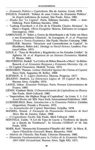 OS ECONOMISTAS


— Economia Política e Capitalismo. Rio de Janeiro, Graal, 1978.
ENGELS, Friedrich. “Esboço de uma Crítica da Economia Política”.
     In Engels (coletânea de textos). São Paulo, Ática, 1981.
— Études Sur “Le Capital”. Paris, Éditions Sociales, 1949. — Anti-
     Dühring. Paris Éditions Sociales, 1950.
— “Ludwig Feuerbach y el Fin de la Filosofia Clasica Alemana”. In
     Marx e Engels. Obras Escogidas. Moscou, Ediciones en Lenguas
     Estrangeras, 1952.
GAREGNANI, P. “Sobre a Teoria da Distribuição e do Valor em Marx
     e nos Economistas Clássicos”. In Garegnani, P. et al. Progresso
     Técnico e Teoria Econômica. São Paulo, Hucitec-Unicamp, 1980.
GODELIER, Maurice. “Structure and Contradiction in Capital”. In
     Blackburn, Robin (ed.). Ideology in Social Science. Londres, Fon-
     tana/Collins, 1973.
GOUX, C. “Tasa de Benefício y Regulación en los Estados Unidos”. In
     Aglietta, M. et al. Rupturas de un Sistema Económico. Madrid,
     H. Blume, 1981.
HILFERDING, Rudolf. “La Crítica de Böhm-Bawerk a Marx”. In Böhm-
     Bawerk et al. Economia Burguesa y Economia Marxista. Op. cit.
— El Capital Financiero. Madrid, Tecnos, 1973.
HODGSKIN, Thomas. Labour Defended Against the Claims of Capital.
     Nova York, Augustus M. Kelley, 1969.
ILIÉNKOV, E. V. Logica Dialectica. Moscou, Progreso, 1977.
JELEZNY, Jindrich. La Estructura Lógica de “El Capital” de Marx.
     Buenos Aires, Grijalbo, 1974.
LANGE, Oskar. Économie Politique. Paris, Presses Universitaires de
     France, 1962.
LÊNIN, Vladimir Ilitch. O Desenvolvimento do Capitalismo na Rússia.
     São Paulo, Abril Cultural, 1982.
— “Imperialism, the Highest Stage of Capitalism”. In Lênin, V. I. Col-
     lected Works, vol. XIX. Nova York, International Publishers, 1949.
LUXEMBURGO, Rosa. Introducción a la Economia Política. Córdoba
     (Argentina), Pasado y Presente, 1972.
— La Acumulación del Capital. Barcelona, Grijalbo, 1978.
MANDEL, Ernest. A Formação do Pensamento Econômico de Karl
     Marx. Rio de Janeiro, Zahar, 1968.
— O Capitalismo Tardio. São Paulo, Abril Cultural, 1982.
MÂNTEGA, Guido. “A Lei da Taxa de Lucro: a Tendência da Queda
     ou a Queda da Tendência?”. In Estudos CEBRAP, nº 16. São
     Paulo, 1976.
MARX, Karl. “Manoscritti Economico-Filosofici del 1844". In Marx, K.
     Opere Filosofiche Giovanili. Roma, Rinascita, 1950.
— Miséria da Filosofia. São Paulo, Ciências Humanas, 1982.
— Elementos Fundamentales para la Crítica de la Economia Política.
     1857-1858. (Grundrisse). Buenos Aires, Siglo XXI, 1971.

                                  68
 