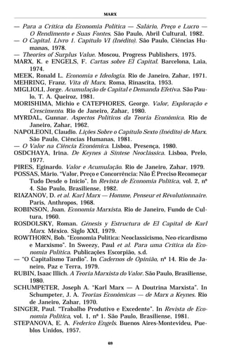 MARX


— Para a Crítica da Economia Política — Salário, Preço e Lucro —
    O Rendimento e Suas Fontes. São Paulo, Abril Cultural, 1982.
— O Capital. Livro 1. Capítulo VI (Inédito). São Paulo, Ciências Hu-
    manas, 1978.
— Theories of Surplus Value. Moscou, Progress Publishers, 1975.
MARX, K. e ENGELS, F. Cartas sobre El Capital. Barcelona, Laia,
    1974.
MEEK, Ronald L. Economia e Ideologia. Rio de Janeiro, Zahar, 1971.
MEHRING, Franz. Vita di Marx. Roma, Rinascita, 1953.
MIGLIOLI, Jorge. Acumulação de Capital e Demanda Efetiva. São Pau-
    lo, T. A. Queiroz, 1981.
MORISHIMA, Michio e CATEPHORES, George. Valor, Exploração e
    Crescimento. Rio de Janeiro, Zahar, 1980.
MYRDAL, Gunnar. Aspectos Políticos da Teoria Econômica. Rio de
    Janeiro, Zahar, 1962.
NAPOLEONI, Claudio. Lições Sobre o Capítulo Sexto (Inédito) de Marx.
    São Paulo, Ciências Humanas, 1981.
— O Valor na Ciência Econômica. Lisboa, Presença, 1980.
OSDCHAYA, Irina. De Keynes à Síntese Neoclássica. Lisboa, Prelo,
    1977.
PIRES, Eginardo. Valor e Acumulação. Rio de Janeiro, Zahar, 1979.
POSSAS, Mário. “Valor, Preço e Concorrência: Não É Preciso Recomeçar
    Tudo Desde o Início”. In Revista de Economia Política, vol. 2, nº
    4. São Paulo, Brasiliense, 1982.
RIAZANOV, D. et al. Karl Marx — Homme, Penseur et Révolutionnaire.
    Paris, Anthropos, 1968.
ROBINSON, Joan. Economia Marxista. Rio de Janeiro, Fundo de Cul-
    tura, 1960.
ROSDOLSKY, Roman. Génesis y Estructura de El Capital de Karl
    Marx. México. Siglo XXI, 1979.
ROWTHORN, Bob. “Economia Política: Neoclassicismo, Neo-ricardismo
    e Marxismo”. In Sweezy, Paul et al. Para uma Crítica da Eco-
    nomia Política. Publicações Escorpião, s.d.
— “O Capitalismo Tardio”. In Cadernos de Opinião, nº 14. Rio de Ja-
    neiro, Paz e Terra, 1979.
RUBIN, Isaac Illich. A Teoria Marxista do Valor. São Paulo, Brasiliense,
    1980.
SCHUMPETER, Joseph A. “Karl Marx — A Doutrina Marxista”. In
    Schumpeter, J. A. Teorias Econômicas — de Marx a Keynes. Rio
    de Janeiro, Zahar, 1970.
SINGER, Paul. “Trabalho Produtivo e Excedente”. In Revista de Eco-
    nomia Política, vol. 1, nº 1. São Paulo, Brasiliense, 1981.
STEPANOVA, E. A. Federico Engels. Buenos Aires-Montevideu, Pue-
    blos Unidos, 1957.

                                   69
 