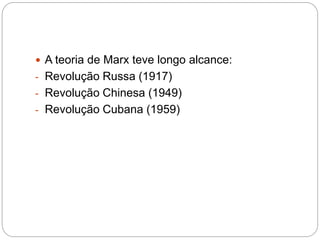  A teoria de Marx teve longo alcance:
- Revolução Russa (1917)
- Revolução Chinesa (1949)
- Revolução Cubana (1959)
 