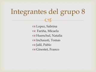 
 Lopez, Sabrina
 Fariña, Micaela
 Huenchul, Natalia
 Inchausti, Tomas
 Jalil, Pablo
 Ginestet, Franco
Integrantes del grupo 8
 