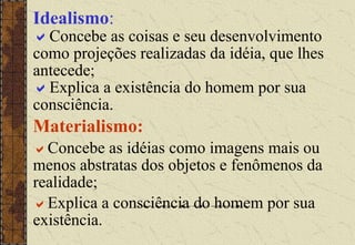 Idealismo:
Concebe as coisas e seu desenvolvimento
como projeções realizadas da idéia, que lhes
antecede;
Explica a existência do homem por sua
consciência.
Materialismo:
Concebe as idéias como imagens mais ou
menos abstratas dos objetos e fenômenos da
realidade;
Explica a consciência do homem por sua
existência.
 