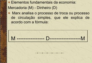 Elementos fundamentais da economia:
Mercadoria (M) - Dinheiro (D)
Marx analisa o processo de troca ou processo
de circulação simples, que ele explica de
acordo com a fórmula:
M ---------------- D------------------M
 