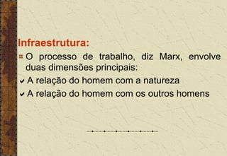 Infraestrutura:
O processo de trabalho, diz Marx, envolve
duas dimensões principais:
A relação do homem com a natureza
A relação do homem com os outros homens
 