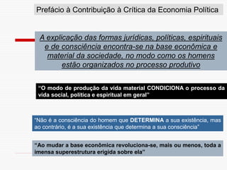 “O modo de produção da vida material CONDICIONA o processo da
vida social, política e espiritual em geral”
“Não é a consciência do homem que DETERMINA a sua existência, mas
ao contrário, é a sua existência que determina a sua consciência”
“Ao mudar a base econômica revoluciona-se, mais ou menos, toda a
imensa superestrutura erigida sobre ela”
Prefácio à Contribuição à Crítica da Economia Política
A explicação das formas jurídicas, políticas, espirituais
e de consciência encontra-se na base econômica e
material da sociedade, no modo como os homens
estão organizados no processo produtivo
 