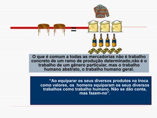 “Ao equiparar os seus diversos produtos na troca
como valores, os homens equiparam os seus diversos
trabalhos como trabalho humano. Não se dão conta,
mas fazem-no”.
O que é comum a todas as mercadorias não é trabalho
concreto de um ramo de produção determinado,não é o
trabalho de um gênero particular, mas o trabalho
humano abstrato, o trabalho humano geral.
 