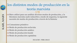 los distintos modos de producción en la 
teoría marxista 
 
 Marx utilizó para sus análisis diversos modos de producción, y la 
literatura marxista suele reducirlos a modo de esquema, la siguiente 
sucesión de modos de producción a través de la historia: 
 Comunismo primitivo 
 Modo de producción esclavista 
 Modo de producción asiático 
 Modo de producción feudal 
 Modo de producción capitalista 
 
