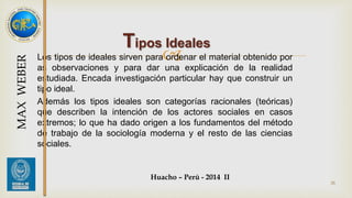  Tipos Ideales 
Los tipos de ideales sirven para ordenar el material obtenido por 
as observaciones y para dar una explicación de la realidad 
estudiada. Encada investigación particular hay que construir un 
tipo ideal. 
Además los tipos ideales son categorías racionales (teóricas) 
que describen la intención de los actores sociales en casos 
extremos; lo que ha dado origen a los fundamentos del método 
de trabajo de la sociología moderna y el resto de las ciencias 
sociales. 
Huacho – Perú - 2014 II 
35 
MAX WEBER 
 