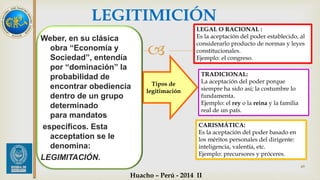 LEGITIMICIÓN 
 
Tipos de 
legitimación 
Weber, en su clásica 
obra “Economía y 
Sociedad”, entendía 
por “dominación” la 
probabilidad de 
encontrar obediencia 
dentro de un grupo 
determinado 
para mandatos 
específicos. Esta 
acceptation se le 
denomina: 
LEGIMITACIÓN. 
LEGAL O RACIONAL : 
Es la aceptación del poder establecido, al 
considerarlo producto de normas y leyes 
constitucionales. 
Ejemplo: el congreso. 
TRADICIONAL: 
La aceptación del poder porque 
siempre ha sido así; la costumbre lo 
fundamenta. 
Ejemplo: el rey o la reina y la familia 
real de un país. 
CARISMÁTICA: 
Es la aceptación del poder basado en 
los méritos personales del dirigente: 
inteligencia, valentía, etc. 
Ejemplo: precursores y próceres. 
49 
Huacho – Perú - 2014 II 
 