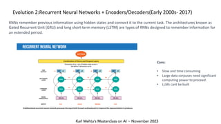 Karl Mehta’s Masterclass on AI ~ November 2023
Evolution 2:Recurrent Neural Networks + Encoders/Decoders(Early 2000s- 2017)
RNNs remember previous information using hidden states and connect it to the current task. The architectures known as
Gated Recurrent Unit (GRU) and long short-term memory (LSTM) are types of RNNs designed to remember information for
an extended period.
Cons:
• Slow and time consuming
• Large data corpuses need significant
computing power to proceed.
• LLMs cant be built
 