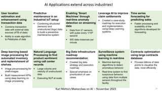 Karl Mehta’s Masterclass on AI ~ November 2023
User location
estimation and
enhancement using
transaction data
§ Combine transaction
data with external data
sources (4TB of data)
§ Ability to scale algorithm
to Petabytes of data
Predictive
maintenance in an
Industrial IoT setup
§ Combining structured
(sensors) and
unstructured (logs) data
to build a preventive
maintenance system
Enabling ‘Smart
Machines’ through
real-time anomaly
detection on streaming
data
§ Data from 21 sensors,
with pulse every 1/10th
second
§ 600 data instances per
minute
Leverage AI to improve
claim settlements
§ Created a case-study
roadmap for execution
and implementation,
using Deep Learning
systems
Time series
forecasting for
predicting sales
§ Faster processing and
scalability of the
algorithms developed for
forecasting
Deep learning based
image processing for
automated inventory
and replenishment of
shelves
§ Image pre-processing for
shelf-images
§ Build measurement KPIs
using deep learning on
image processing
Natural Language
Processing to find
product sentiment
using call center
records
§ Large volume and
velocity of unstructured
data
§ Executing NLP at scale
Big Data infrastructure
roadmap
recommendation
§ Created big data
strategy and execution
roadmap
§ Special emphasis on
prioritization of use-
cases
Surveillance system
using machine
learning in real-time
§ Machine learning
algorithms to detect
anomalous behavior
§ Real-time system to find
suspicious behavior,
using data from multiple
sensors throughout the
facility
Contracts optimization
using large contracts
database
§ Process billions of data
points to visualize the
data, most efficiently
AI Applications extend across industries!
29
 