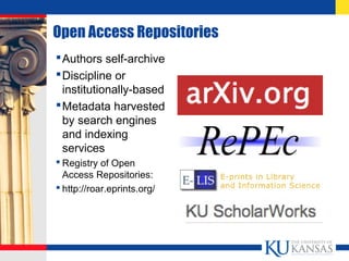 Open Access Repositories
Authors self-archive
Discipline or
institutionally-based
Metadata harvested
by search engines
...