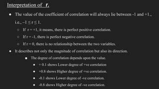Interpretation of r.
● The value of the coefficient of correlation will always lie between -1 and +1.,
i.e., –1 ≤ r ≤ 1.
○ If r = +1, it means, there is perfect positive correlation.
○ If r = -1, there is perfect negative correlation.
○ If r = 0, there is no relationship between the two variables.
● It describes not only the magnitude of correlation but also its direction.
■ The degree of correlation depends upon the value.
● + 0.1 shows Lower degree of +ve correlation
● +0.8 shows Higher degree of +ve correlation.
● -0.1 shows Lower degree of -ve correlation.
● -0.8 shows Higher degree of -ve correlation.
 