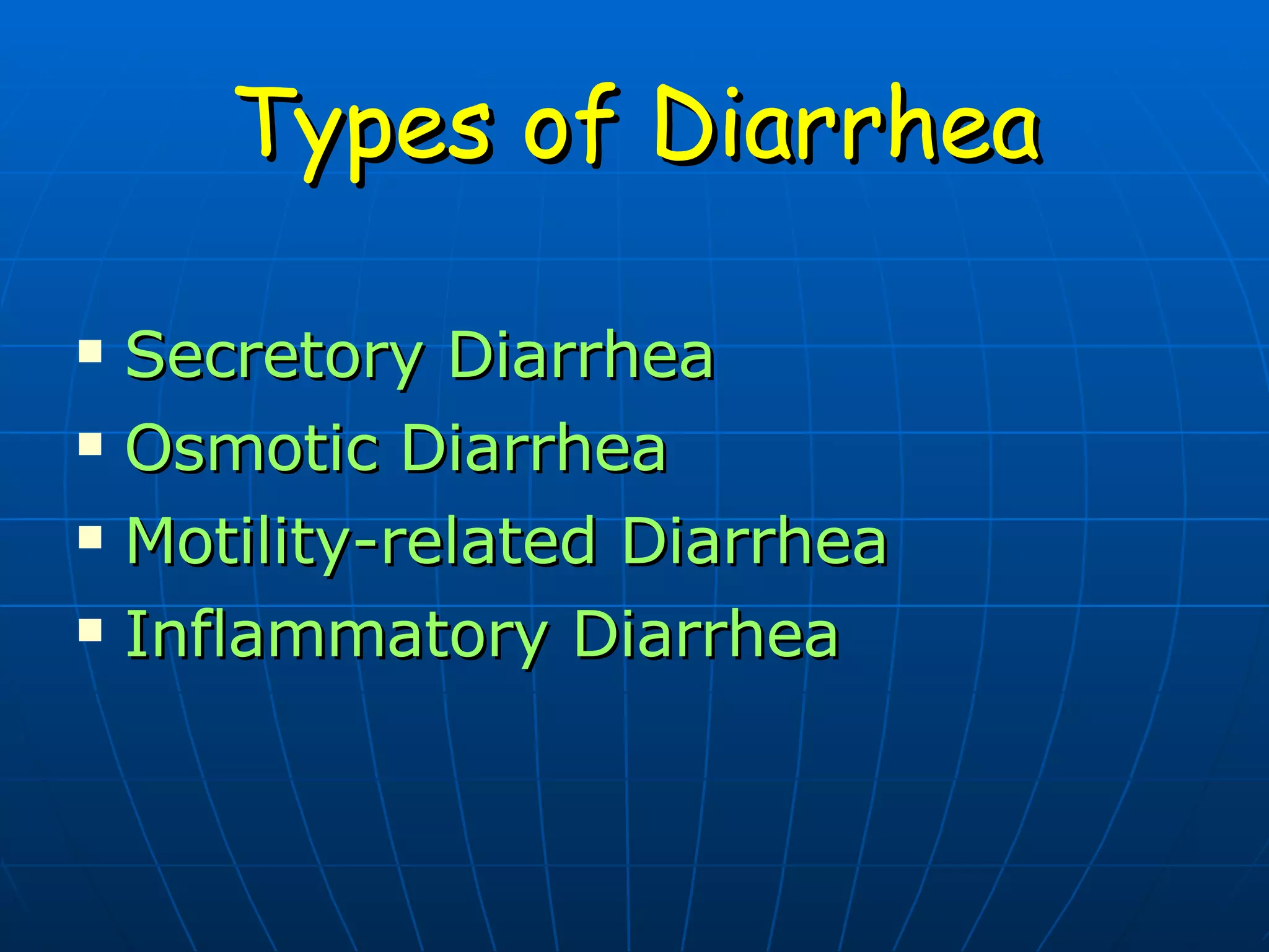 Types of Diarrhea Secretory Diarrhea Osmotic Diarrhea Motility-related Diarrhea Inflammatory Diarrhea 