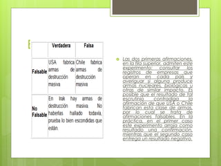 Ejemplo
 Las dos primeras afirmaciones,
en la fila superior, admiten este
experimento: consultar los
registros de empresas que
operan en cada país y
averiguar si alguna produce
armas nucleares, biológicas u
otras de similar impacto. Es
posible que el resultado de tal
escrutinio contradiga la
afirmación de que USA o Chile
fabrican esta clase de armas,
por lo cual se trata de
afirmaciones falsables. En la
práctica, en el primer caso
este experimento arroja como
resultado una confirmación,
mientras que el segundo caso
entrega un resultado negativo.
 