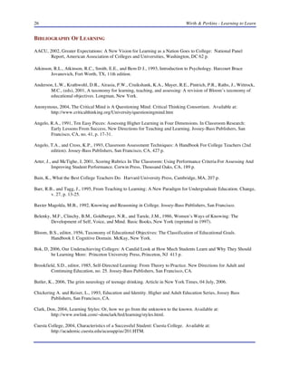 26

Wirth & Perkins - Learning to Learn

BIBLIOGRAPHY OF LEARNING
AACU, 2002, Greater Expectations: A New Vision for Learning as a Nation Goes to College: National Panel
Report, American Association of Colleges and Universities, Washington, DC 62 p.
Atkinson, R.L., Atkinson, R.C., Smith, E.E., and Bem D J., 1993, Introduction to Psychology. Harcourt Brace
Jovanovich, Fort Worth, TX, 11th edition.
Anderson, L.W., Krathwohl, D.R., Airasia, P.W., Cruikshank, K.A., Mayer, R.E., Pintrich, P.R., Raths, J., Wittrock,
M.C., (eds), 2001, A taxonomy for learning, teaching, and assessing: A revision of Bloom’s taxonomy of
educational objectives. Longman, New York.
Anonymous, 2004, The Critical Mind is A Questioning Mind: Critical Thinking Consortium. Available at:
http://www.criticalthinking.org/University/questioningmind.htm
Angelo, R.A., 1991, Ten Easy Pieces: Assessing Higher Learning in Four Dimensions. In Classroom Research:
Early Lessons From Success, New Directions for Teaching and Learning. Jossey-Bass Publishers, San
Francisco, CA, no. 41, p. 17-31.
Angelo, T.A., and Cross, K.P., 1993, Classroom Assessment Techniques: A Handbook For College Teachers (2nd
edition). Jossey-Bass Publishers, San Francisco, CA, 427 p.
Arter, J., and McTighe, J, 2001, Scoring Rubrics In The Classroom: Using Performance Criteria For Assessing And
Improving Student Performance. Corwin Press, Thousand Oaks, CA, 189 p.
Bain, K., What the Best College Teachers Do. Harvard University Press, Cambridge, MA, 207 p.
Barr, R.B., and Tagg, J., 1995, From Teaching to Learning: A New Paradigm for Undergraduate Education. Change,
v. 27, p. 13-25.
Baxter Magolda, M.B., 1992, Knowing and Reasoning in College. Jossey-Bass Publishers, San Francisco.
Belenky, M.F., Clinchy, B.M., Goldberger, N.R., and Tarule, J.M., 1986, Women’s Ways of Knowing: The
Development of Self, Voice, and Mind. Basic Books, New York (reprinted in 1997).
Bloom, B.S., editor, 1956, Taxonomy of Educational Objectives: The Classification of Educational Goals.
Handbook I: Cognitive Domain. McKay, New York.
Bok, D, 2006, Our Underachieving Colleges: A Candid Look at How Much Students Learn and Why They Should
be Learning More: Princeton University Press, Princeton, NJ 413 p.
Brookfield, S.D., editor, 1985, Self-Directed Learning: From Theory to Practice. New Directions for Adult and
Continuing Education, no. 25. Jossey-Bass Publishers, San Francisco, CA.
Butler, K., 2006, The grim neurology of teenage drinking. Article in New York Times, 04 July, 2006.
Chickering A. and Reiser, L., 1993, Education and Identity. Higher and Adult Education Series, Jossey Bass
Publishers, San Francisco, CA.
Clark, Don, 2004, Learning Styles: Or, how we go from the unknown to the known. Available at:
http://www.nwlink.com/~donclark/hrd/learning/styles.html.
Cuesta College, 2004, Characteristics of a Successful Student: Cuesta College. Available at:
http://academic.cuesta.edu/acasupp/as/201.HTM.

 