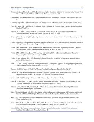 Wirth & Perkins - Learning to Learn

27

Dolence, M.G., and Norris, D.M., 1995, Transforming Higher Education: A Vision for Learning in the Twenty-First
Century. Society for College and University Planning, Ann Arbor, MI.
Donald, J.G., 2002, Learning to Think: Disciplinary Perspectives. Jossey-Bass Publishers, San Francisco, CA, 330
p.
Downing, Skip, 2005, On Course: Strategies for Creating Success in College and in Life. Houghton-Mifflin, 272 p.
Duch, B.J., Groh, S.E., and Allen, D.E., (editors), 2001, The Power Of Problem-Based Learning. Stylus Publishing,
Sterling, VA, 274 p.
Edelson, D. C., 2001, Learning-For-Use: A Framework For The Design Of Technology-Supported Inquiry
Activities. Journal of Research in Science Teaching, v. 38(3), 355-385.
Ericsson, K.A, Charness, N., 1994, Expert performance: Its structure and acquisition. American Psychologist, v. 49,
p. 72-745.
Felder, Richard, 1993, Reaching the second tier: learning and teaching styles in college science education. Journal of
College Science Teaching, v. 23, p. 286-290.
Felder, R.M., and Brent, R., 2004, The Intellectual Development of Science and Engineering Students. 1. Models
and Challenges: Journal of Engineering Education, v. 93, no. 4, p. 269–277.
Felder, R.M., and Silverman, L.K., 1988, Learning and Teaching Styles in Engineering Education: Journal of
Engineering Education, v. 78, no. 7, p. 674-681.
Felder, R., and Solomon, B.A., 2004, Learning Styles and Strategies. Available at: http://www.ncsu.edu/felderpublic/ILSdir/styles.htm.
Fink, L.D., 2003, Creating Significant learning Experiences: An Integrated Approach to Designing College Courses.
Jossey-Bass Publishers, San Francisco, CA, 295 p.
Gardner, H., 1993, Frames of Mind: The Theory of Multiple Intelligences. Basic Books, NY, NY.
Gardiner, L., 1994, Redesigning Higher Education: Producing Dramatic Gains in Student learning. ASHE-ERIC
Higher Education Report 7, Washington D.C., George Washington University.
Goleman, D., 1998, Working with Emotional Intelligence. New York, Bantam Books.
Huba, M.E., and Freed, J.E., 2000, Learner-Centered Assessment on College Campuses: Shifting the Focus from
Teaching to Learning. Allyn and Bacon, Needham Heights, MA, 286 p.
Johnson, D.W., Johnson, R.T., and Smith, K., 1991, Active Learning: Cooperation in the College Classroom.
Interaction Book Company, Edina, MN.
King, P.M. and Kitchener, K.S., 1994, Developing Reflective Judgment: Understanding and Promoting Intellectual
Growth and Critical Thinking in Adolescents and Adults. Jossey Bass Publishers, San Francisco, CA.
Kolb, D.A., 1984, Experiential learning: Experience as the source of learning and development. Prentice Hall,
Upper Saddle River, NJ.
Krathwohl, D.R,. Bloom, B.S, and Masia, B.B., 1964, Taxonomy of Educational Objectives. The Classification of
Educational Goals, Handbook II: Affective Domain. David McKay Company, Inc
Kroll, B.M., 1992, Teaching Hearts and Minds: College Students Reflect on the Vietnam War in Literature.
Southern Illinois University Press, Carbonadale, IL.

 