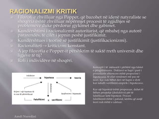 RACIONALIZMI KRITIK
 Filozofi e zhvilluar nga Popper, që bazohet në idenë natyraliste se
shoqëria është zhvilluar nëpërmjet procesit të zgjidhjes së
problemeve duke përdorur gjykimet dhe gabimet.
 Kundërshtimi i racionalizmit autoritarist, që mbahej nga autorë
pararendës, të cilët i jepnin peshë justifikimit.
 Kundërshtues i teorisë së justifikimit (justifikacionizmi).
 Racionaliteti→ kriticizmi konstant.
 A jep filozofia e Popper-it përshkrim të saktë rreth universit dhe
ligjeve të tij?
 Roli i individëve në shoqëri.
Amdi Nuredini
Koncepti i të mësuarit i përbërë nga faktet
e përgjithësuara. Deklaroi se hapi i parë i
procedurës shkencore është propozimi i
hipotezave, të cilat vendosen më pas në
teori. Kjo nuk bëhet deri në hapin e dytë
kur ndodh verifikimi empirik i hipotezave.
Kur një hipotezë është propozuar, duhet të
bëhen përpjekje (deduktive) për të
falsifikuar këtë hipotezë. Procesi
falsifikimit është i pafund, kështu që asnjë
teori nuk është e caktuar.
 