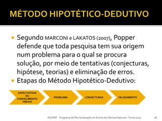  Segundo MARCONI e LAKATOS (2007), Popper
defende que toda pesquisa tem sua origem
num problema para o qual se procura
solução, por meio de tentativas (conjecturas,
hipótese, teorias) e eliminação de erros.
 Etapas do Método Hipotético-Dedutivo:
IF/UFMT Programa de Pós-Graduação em Ensino de Ciências Naturais -Turma 2012 18
EXPECTATIVAS
OU
CONHECIMENTO
PRÉVIO
PROBLEMA CONJECTURAS FALSEAMENTO
 