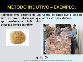 Retirando uma amostra de um
saco de arroz, observa-se que
aproximadamente 80% dos
grãos são do tipo extrafino.
Conclui-se então que o saco de
arroz é do tipo extrafino.
>>
IF/UFMT Programa de Pós-Graduação em Ensino de Ciências Naturais -Turma 2012
 