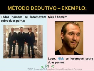 Todos homens se locomovem
sobre duas pernas
Nick é homem
Logo, Nick se locomove sobre
duas pernas>
>IF/UFMT Programa de Pós-Graduação em Ensino de Ciências Naturais -Turma 2012
 