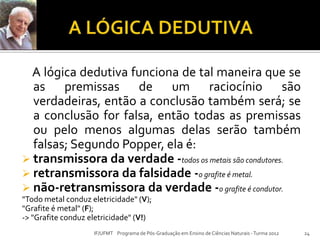 A lógica dedutiva funciona de tal maneira que se
as premissas de um raciocínio são
verdadeiras, então a conclusão também será; se
a conclusão for falsa, então todas as premissas
ou pelo menos algumas delas serão também
falsas; Segundo Popper, ela é:
 transmissora da verdade -todos os metais são condutores.
 retransmissora da falsidade -o grafite é metal.
 não-retransmissora da verdade -o grafite é condutor.
"Todo metal conduz eletricidade" (V);
"Grafite é metal" (F);
-> "Grafite conduz eletricidade" (V!)
24IF/UFMT Programa de Pós-Graduação em Ensino de Ciências Naturais -Turma 2012
 