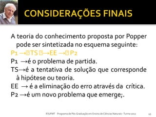 A teoria do conhecimento proposta por Popper
pode ser sintetizada no esquema seguinte:
P1 →TS →EE →P2
P1 →é o problema de partida.
TS→é a tentativa de solução que corresponde
à hipótese ou teoria.
EE → é a eliminação do erro através da crítica.
P2 →é um novo problema que emerge;.
43IF/UFMT Programa de Pós-Graduação em Ensino de Ciências Naturais -Turma 2012
 